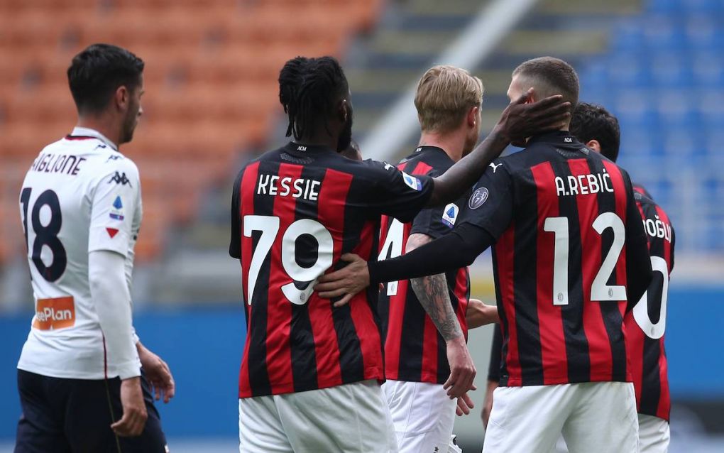 Photo LaPresse - Spada April 18 , 2021 Milan Italy Soccer A.C. Milan- Season 2020-2021 - Serie A Milan vs Genoa In the pic: 1-0 Ante Rebic celebrates after scoring , Franck Kessie PUBLICATIONxNOTxINxITAxFRAxCHN Copyright: xSpada/LaPressex