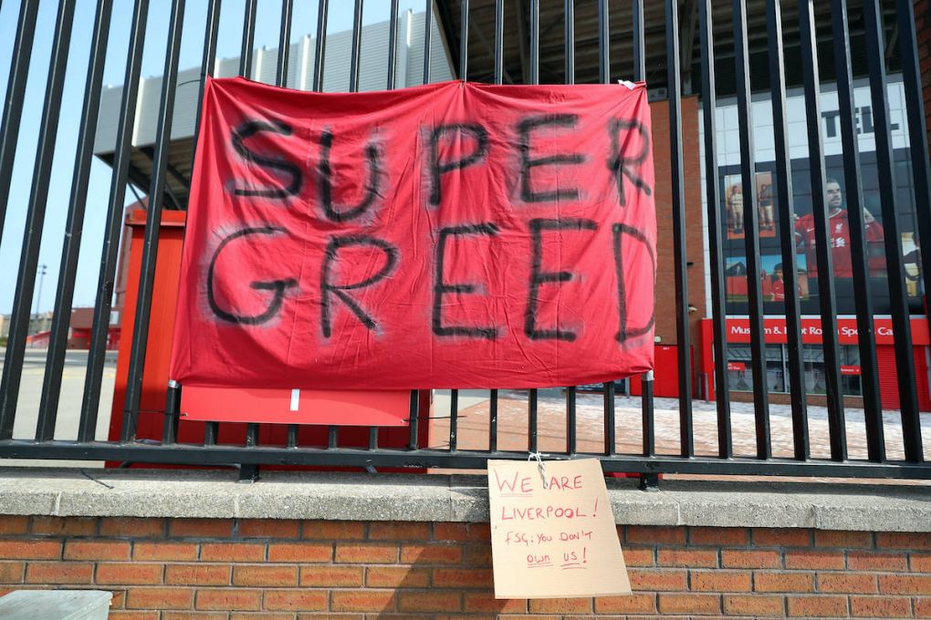 European Super League reaction Banners outside of Anfield Stadium, Liverpool protesting against the clubs decision to join the European Super League. Picture date: Tuesday April 20, 2021. PUBLICATIONxINxGERxSUIxAUTxONLY Copyright: xPeterxByrnex 59294466