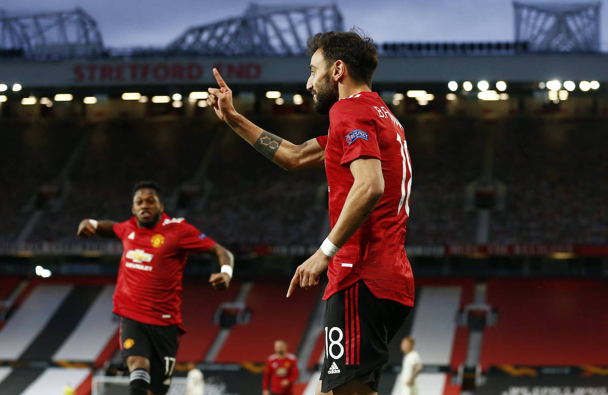 Mandatory Credit: Photo by Matt West/BPI/Shutterstock 11880469p Bruno Fernandes of Manchester United, ManU celebrates scoring the opening goal Manchester United v Roma, UEFA Europa League, Semi Final, First Leg, Football, Old Trafford, Manchester, UK - 29 Apr 2021 EDITORIAL USE ONLY No use with unauthorised audio, video, data, fixture lists, club/league logos or live services. Online in-match use limited to 120 images, no video emulation. No use in betting, games or single club/league/player publications. Manchester United v Roma, UEFA Europa League, Semi Final, First Leg, Football, Old Trafford, Manchester, UK - 29 Apr 2021 EDITORIAL USE ONLY No use with unauthorised audio, video, data, fixture lists, club/league logos or live services. Online in-match use limited to 120 images, no video emulation. No use in betting, games or single club/league/player publications. PUBLICATIONxINxGERxSUIxAUTXHUNxGRExMLTxCYPxROMxBULxUAExKSAxONLY Copyright: xMattxWest/BPI/Shutterstockx 11880469p