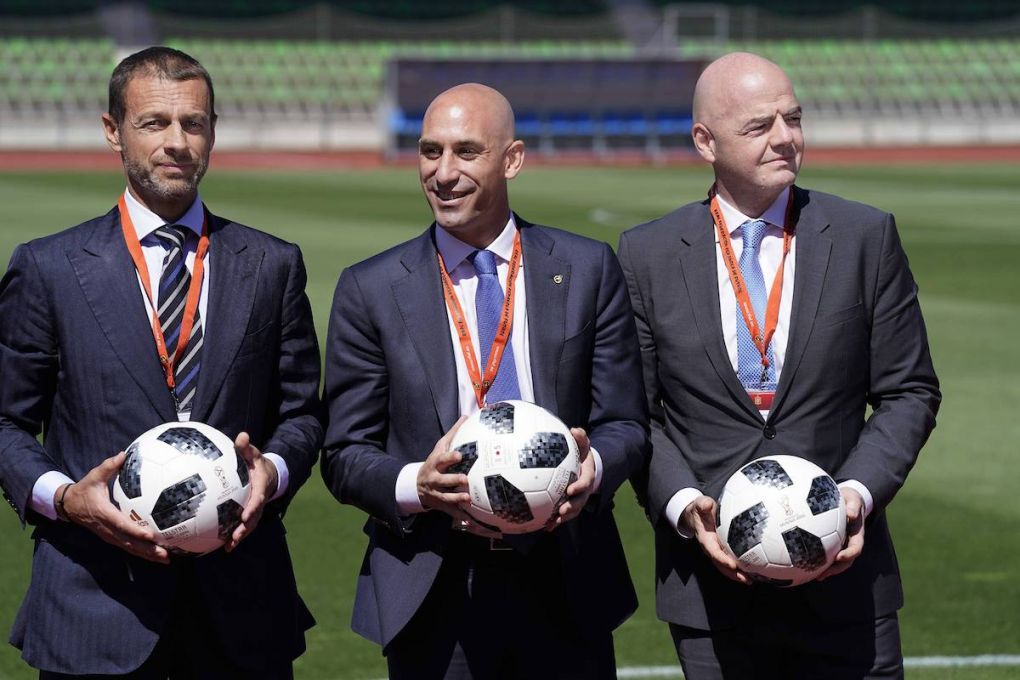 July 24, 2018 - Las Rozas, Madrid, Spain - Aleksander Ceferin president of UEFA (L), Luis Rubiales president of RFEF (M) and Gianni Infantino (R) seen each of them holding a soccer ball during the RFEF general assembly in Las Rozas near Madrid. RFEF general assembly in Las Rozas, Madrid, Spain - 24 Jul 2018 - ZUMAs197 84646824st Copyright: xManuxReinox