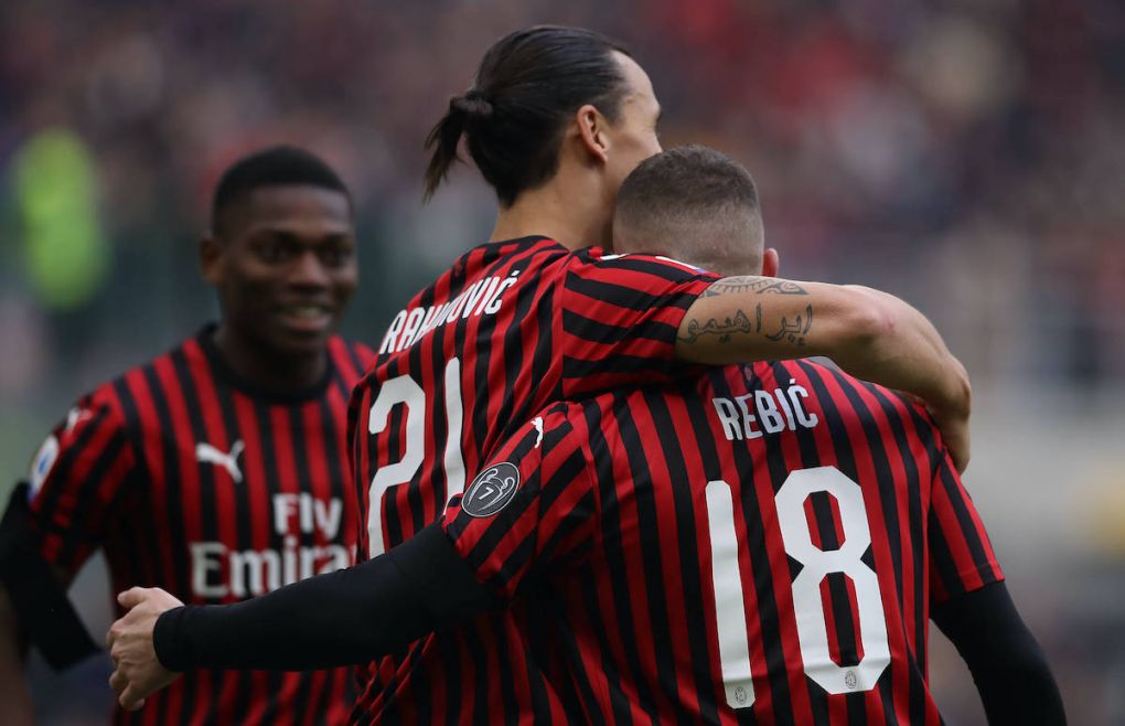 Ante Rebic of AC Milan celebrates with team mates Zlatan Ibrahimovic and Rafael Leao after scoring to level the game at 1-1 during the Serie A match at Giuseppe Meazza, Milan. Picture date: 19th January 2020. Picture credit should read: Jonathan Moscrop/Sportimage PUBLICATIONxNOTxINxUK SPI-0444-0058Ante Rebic of AC Milan celebrates with team mates Zlatan Ibrahimovic and Rafael Leao after scoring to level the game at 1-1 during the Serie A match at Giuseppe Meazza, Milan. Picture date: 19th January 2020. Picture credit should read: Jonathan Moscrop/Sportimage PUBLICATIONxNOTxINxUK SPI-0444-0058