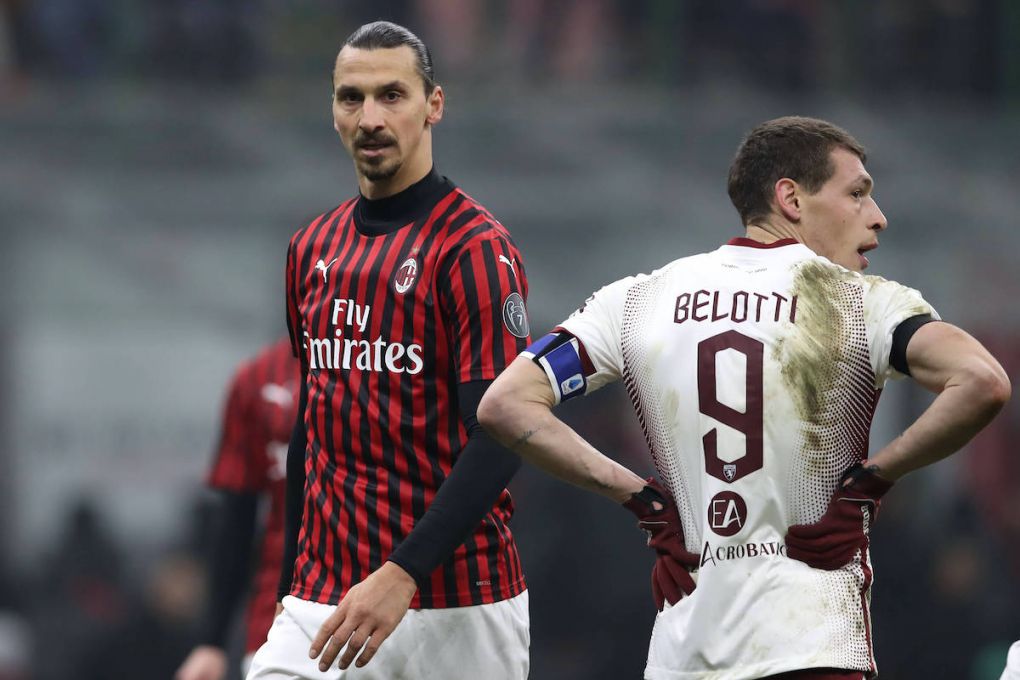Zlatan Ibrahimovic of AC Milan and Andrea Belotti of Torino FC during the Coppa Italia match at Giuseppe Meazza, Milan. Picture date: 28th January 2020. Picture credit should read: Jonathan Moscrop/Sportimage PUBLICATIONxNOTxINxUK SPI-0460-0116