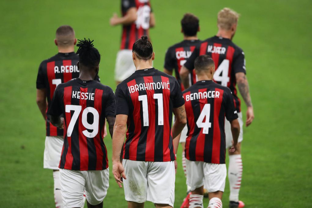 Zlatan Ibrahimovic of AC Milan returns to his own half along with team mates Franck Kessie, Ismael Bennacer, Ante Rebic, Simon Kjaer and Hakan Calhanoglu during the Serie A match at Giuseppe Meazza, Milan. Picture date: 21st September 2020. Picture credit should read: Jonathan Moscrop/Sportimage PUBLICATIONxNOTxINxUK SPI-0661-0034