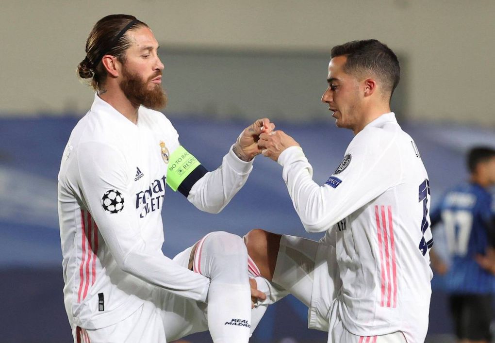 Real Madrid s defender Sergio Ramos L celebrates with teammate Lucas Vazquez R after scoring the 2-0 goal during the UEFA Champions League round of 16 second leg soccer match between Real Madrid and Atalanta held at Alfredo Di Stefano stadium, in Madrid, central Spain, 16 March 2021. Real Madrid vs Atalanta ACHTUNG: NUR REDAKTIONELLE NUTZUNG PUBLICATIONxINxGERxSUIxAUTxONLY Copyright: xJuanjoxMartinx GRAF6397 20210316-637515311409250348Real Madrid s defender Sergio Ramos L celebrates with teammate Lucas Vazquez R after scoring the 2-0 goal during the UEFA Champions League round of 16 second leg soccer match between Real Madrid and Atalanta held at Alfredo Di Stefano stadium, in Madrid, central Spain, 16 March 2021. Real Madrid vs Atalanta ACHTUNG: NUR REDAKTIONELLE NUTZUNG PUBLICATIONxINxGERxSUIxAUTxONLY Copyright: xJuanjoxMartinx GRAF6397 20210316-637515311409250348