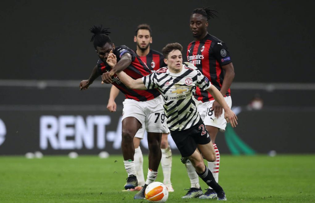 Hakan Calhanoglu and Soualiho Meite of AC Milan look on as Daniel James of Manchester United, ManU is fouled by Franck Kessie of AC Milan during the UEFA Europa League match at Giuseppe Meazza, Milan. Picture date: 18th March 2021. Picture credit should read: Jonathan Moscrop/Sportimage PUBLICATIONxNOTxINxUK SPI-0961-0075