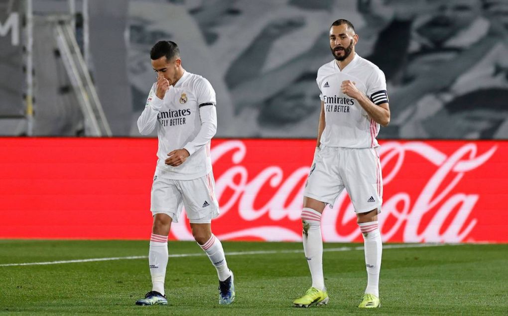 Mandatory Credit: Photo by PRESSINPHOTO/Shutterstock 11852624j Karim Benzema of Real Madrid celebrates after scoring the 1-0 with his teammate Lucas Vazquez Real Madrid v FC Barcelona, Barca LaLiga Santander, date 30. Football, Alfredo Di Stefano Stadium, Madrid, Spain - 10 APR 2021 EDITORIAL USE ONLY No use with unauthorised audio, video, data, fixture lists outside the EU, club/league logos or live services. Online in-match use limited to 45 images 15 in extra time. No use to emulate moving images. No use in betting, games or single club/league/player publications/services. Real Madrid v FC Barcelona, LaLiga Santander, date 30. Football, Alfredo Di Stefano Stadium, Madrid, Spain - 10 APR 2021 EDITORIAL USE ONLY No use with unauthorised audio, video, data, fixture lists outside the EU, club/league logos or live services. Online in-match use limited to 45 images 15 in extra time. No use to emulate moving images. No use in betting, games or PUBLICATIONxINxGERxSUIxAUTXHUNxGRExMLTxCYPxROMxBULxUAExKSAxONLY Copyright: xPRESSINPHOTO/Shutterstockx 11852624j