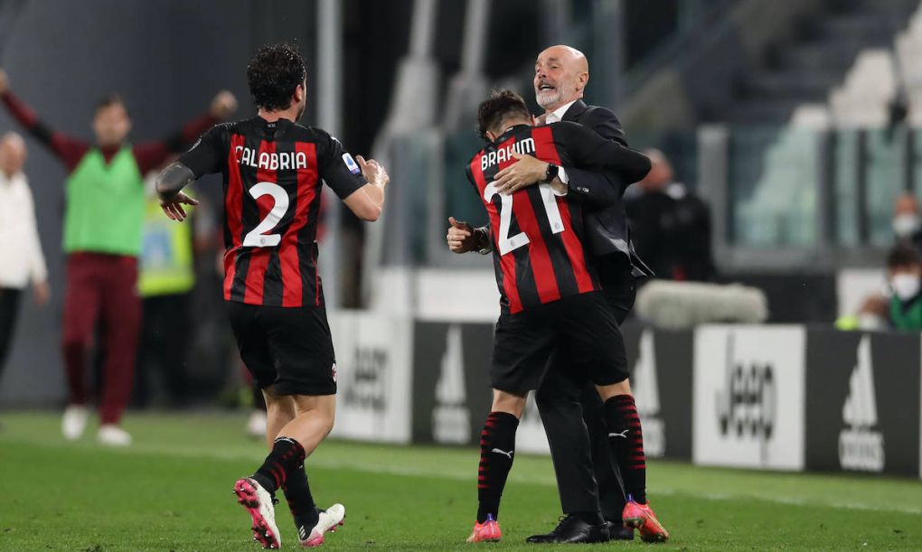 Turin, Italy, 9th May 2021. Brahim Diaz of AC Milan celebrates with Stefano Pioli Head coach of AC Milan after scoring to give the side a 1-0 lead during the Serie A match at Allianz Stadium, Turin. Picture credit should read: Jonathan Moscrop / Sportimage PUBLICATIONxNOTxINxUK SPI-1040-0007
