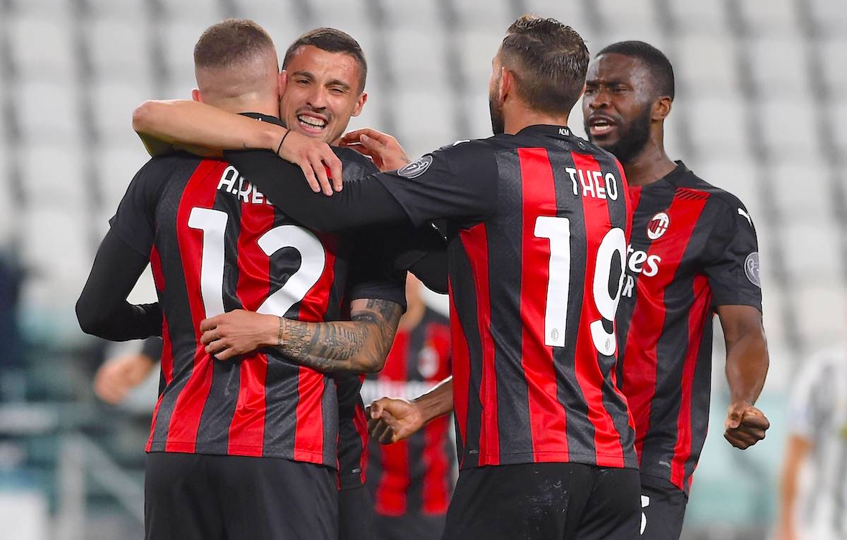 IPP20210509 Football - soccer: Serie A, Juventus Turin - AC Mailand, esultanza di ante rebic dopo il suo gol del momentaneo 0 a 2 abbracciato da Ismael Bennacer Theo Hernandez e Fikayo Tomori Verwendung nur in Deutschland - GERMANY ONLY *** IPP20210509 Football soccer Serie A, Juventus Torino AC Milan, esultanza di ante rebic dopo il suo gol del momentaneo 0 a 2 abbracciato da Ismael Bennacer Theo Hernandez e Fikayo Tomori Use only in Germany GERMANY ONLY PUBLICATIONxINxGERxONLY