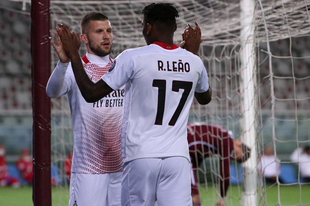 Turin, Italy, 12th May 2021. Ante Rebic of AC Milan celebrates with team mate Rafael Leao after scoring his second goal to give the side a 6-0 lead during the Serie A match at Stadio Grande Torino, Turin. Picture credit should read: Jonathan Moscrop / Sportimage PUBLICATIONxNOTxINxUK SPI-1047-0017