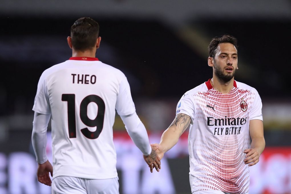 Turin, Italy, 12th May 2021. Theo Hernandez and Hakan Calhanoglu of AC Milan during the Serie A match at Stadio Grande Torino, Turin. Picture credit should read: Jonathan Moscrop / Sportimage PUBLICATIONxNOTxINxUK SPI-1047-0022