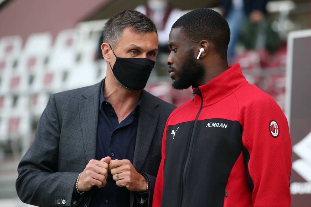 Turin, Italy, 12th May 2021. Paolo Maldini AC Milan Technical Director speaks with Fikayo Tomori of AC Milan upon arrival at the stadium prior to the Serie A match at Stadio Grande Torino, Turin. Picture credit should read: Jonathan Moscrop / Sportimage PUBLICATIONxNOTxINxUK SPI-1047-0065