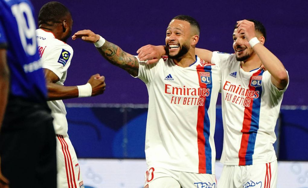 But - Karl Toko Ekambi Lyon - Memphis Depay Lyon - Houssem Aouar Lyon FOOTBALL : Lyon vs OGC Nice - Ligue 1 Uber Eats - Lyon - 23/05/2021 NorbertScanella/PanoramiC PUBLICATIONxNOTxINxFRAxITAxBEL