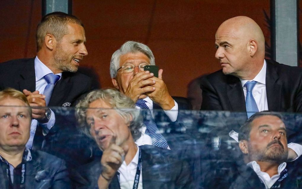 August 15, 2018 - Tallinn, Estonia - UEFA President Aleksander Ceferin (L), Atletico Madrid President Enrique Cerezo (C) and FIFA President Gianni Infantino attend the UEFA Super Cup match between Real Madrid and Atletico Madrid on August 15, 2018 at Lillekula Stadium in Tallinn, Estonia. Real Madrid v Atletico Madrid - UEFA Super Cup 2018 PUBLICATIONxINxGERxSUIxAUTxONLY - ZUMAn230 20180815_zaa_n230_556 Copyright: xMikexKireevx