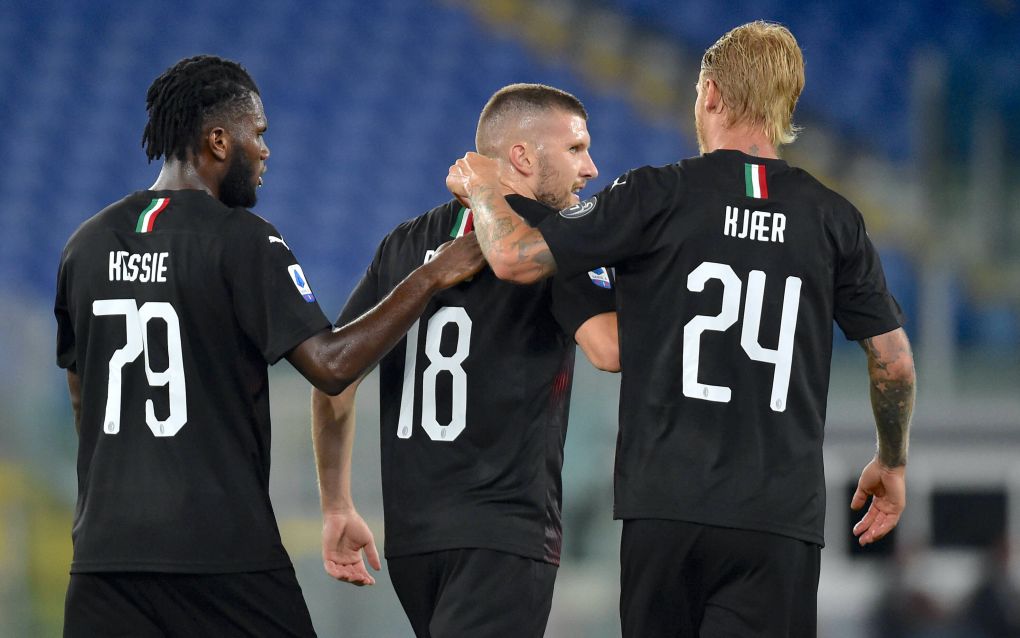 Ante Rebic of AC Milan C celebrates with Franck Kessie and Simon Kjaer after scoring the goal of 0-3 during the Serie A football match between SS Lazio and AC Milan at Olimpico stadium in Rome Italy , July 4th, 2020. Play resumes behind closed doors following the outbreak of the coronavirus disease. Photo Andrea Staccioli / Insidefoto andreaxstaccioli