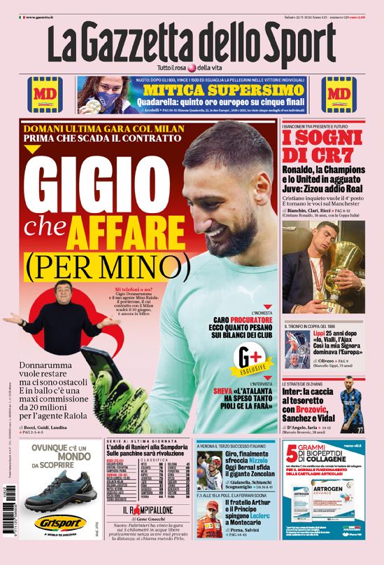 Gigio What A Deal For Mino Today S Front Page Of Gazzetta Dello Sport