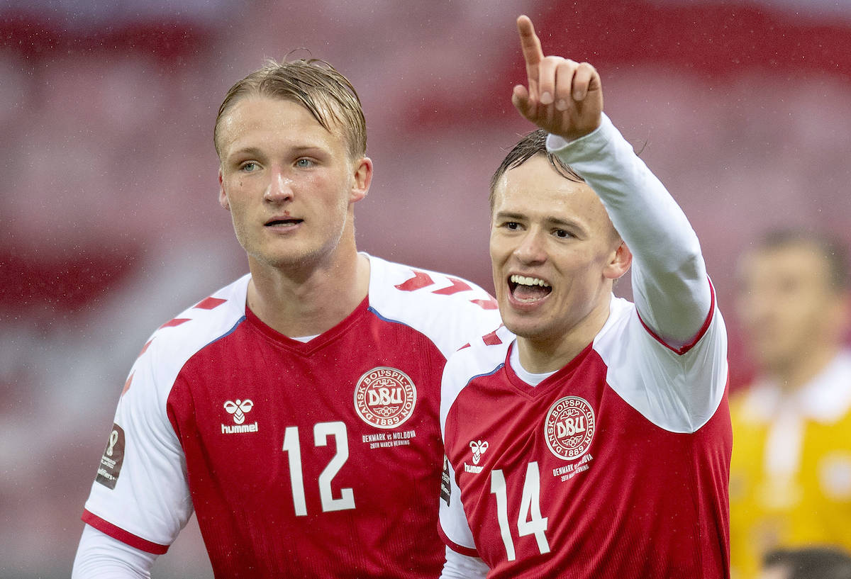Danmarks Mikkel Damsgaard har scoret til 3-0 og jubler med Kasper Dolberg i VM-kvalifikationskampen i gruppe F mellem Danmark og Moldova, paa Mch Arena i Herning soendag den 28. marts 2021.. , Herning Denmark *** Denmarks Mikkel Damsgaard has scored to 3 0 and cheers with Kasper Dolberg in the World Cup qualifier in Group F between Denmark and Moldova, at Mch Arena in Herning on Sunday, March 28, 2021, Herning Denmark PUBLICATIONxINxGERxSUIxAUTxONLY Copyright: BoxAmstrup BoxAmstrupx cop101 spdk20210328-185803-L
