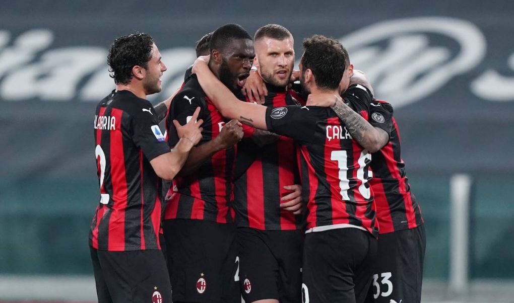 Photo LaPresse - Spada May 9 , 2021 Turin Italy Soccer A.C. Milan- Season 2020-2021 - Serie A Juventus vs Milan In the pic:celebrates after scoring gol Ante Rebic 0-2, tomori , Davide Calabria, Hakan Calhanoglu PUBLICATIONxNOTxINxITAxFRAxCHN Copyright: xSpada/LaPressex