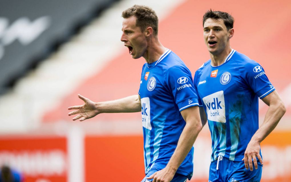 Gent s Bruno Godeau and Gent s Roman Yaremchuk celebrate after scoring during a soccer match between KAA Gent and KV Oostende, Thursday 13 May 2021 in Gent, on day 3 of 6 of the Europe play-offs of the Jupiler Pro League first division of the Belgian championship. JASPERxJACOBS PUBLICATIONxINxGERxSUIxAUTxONLY x2715605x