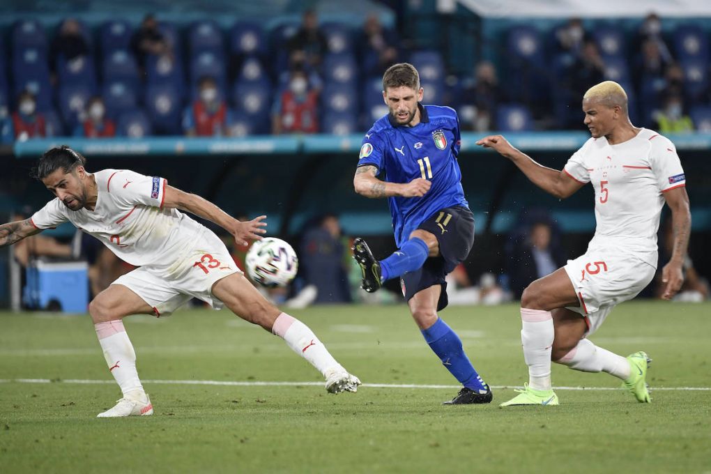 Ricardo Ivan Rodriguez Araya of Switzerland, Domenico Berardi of Italy and Manuel Akanji of Switzerland during the UEFA EURO, EM, Europameisterschaft,Fussball 2020 Group stage - Group A football match between Italy and Switzerland at stadio Olimpico in Rome Italy, June 16th, 2021. Photo Andrea Staccioli / Insidefoto andreaxstaccioli