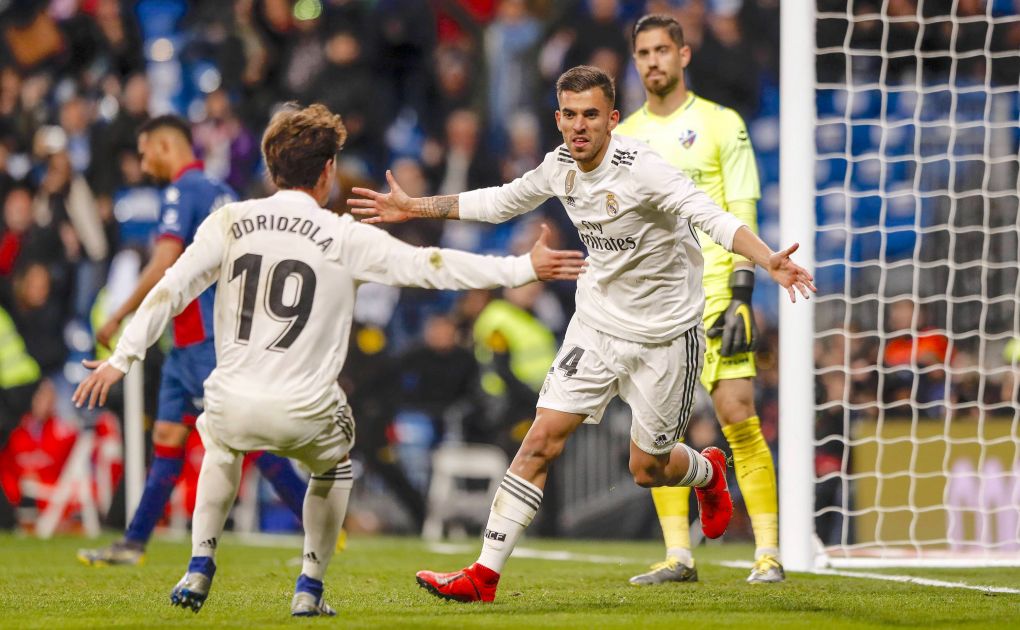 31st March 2019, Santiago Bernabeu, Madrid, Spain; La Liga football, Real Madrid versus SD Huesca; Dani Ceballos (Real Madrid) celebrates his goal with Odriozola which made it 2-1 in the 62nd minute PUBLICATIONxINxGERxSUIxAUTxHUNxSWExNORxDENxFINxONLY ActionPlus12119096 LeonardoxPrieto
