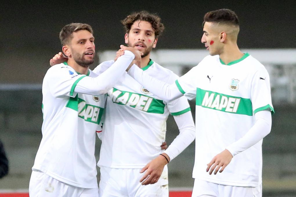 Photo Paola Garbuio/LaPresse November 22, 2020 Verona, Italy soccer Hellas Verona vs Sassuolo -Italian Football Championship League A TIM 2020/2021 - Bentegodi stadium. In the pic: berardi domenico s celebration goal 0-2 PUBLICATIONxINxGERxSUIxAUTxONLY Copyright: xPaolaxGarbuio/LaPressex