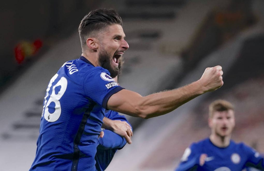 Olivier Giroud of Chelsea celebrates scoring the first goal during the Premier League match at Molineux, Wolverhampton. Picture date: 15th December 2020. Picture credit should read: Andrew Yates/Sportimage PUBLICATIONxNOTxINxUK SPI-0807-0038