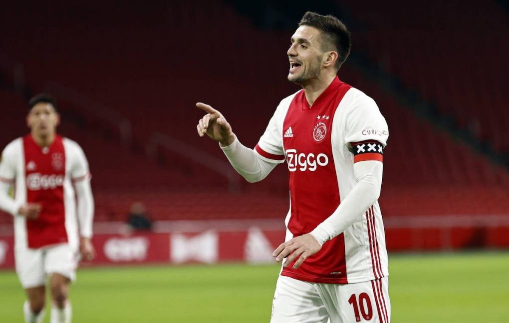 AMSTERDAM - Dusan Tadic of Ajax celebrates the 4-0 during the Dutch Eredivisie match between Ajax Amsterdam and ADO Den Haag at the Johan Cruijff Arena on March 21, 2021 in Amsterdam, the Netherlands. ANP MAURICE VAN STEEN Dutch Eredivisie 2020/2021 xVIxANPxSportx/xxANPxIVx *** AMSTERDAM Dusan Tadic of Ajax celebrates the 4 0 during the Dutch Eredivisie match between Ajax Amsterdam and ADO Den Haag at the Johan Cruijff Arena on March 21, 2021 in Amsterdam, the Netherlands ANP MAURICE VAN STEEN Dutch Eredivisie 2020 2021 xVIxANPxSportx xxANPxIVx 429438015