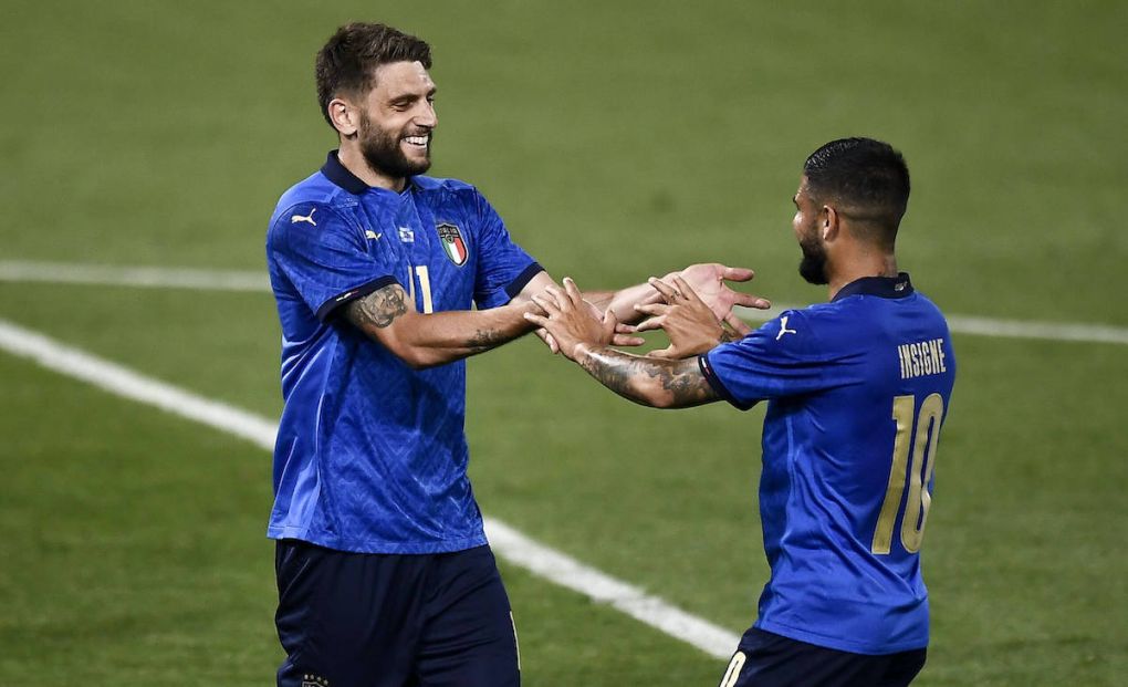 Italy v Czech Republic - International Friendly, L‰nderspiel, Nationalmannschaft Domenico Berardi of Italy celebrates with Lorenzo Insigne of Italy after scoring a goal during the international friendly match between Italy and Czech Republic. Bologna Italy Copyright: xNicolxCampox