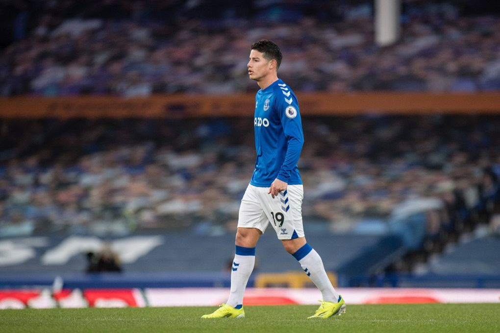 LIVERPOOL, ENGLAND - APRIL 05: James Rodriguez of Everton looks on during the Premier League match between Everton and Crystal Palace at Goodison Park on April 5, 2021 in Liverpool, United Kingdom. Sporting stadiums around the UK remain under strict restrictions due to the Coronavirus Pandemic as Government social distancing laws prohibit fans inside venues resulting in games being played behind closed Everton v Crystal Palace - Premier League Copyright: xSebastianxFrejx