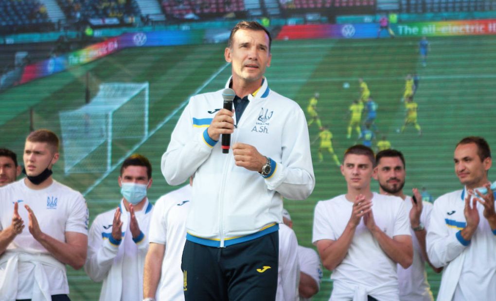 KYIV REGION, UKRAINE - JULY 4, 2021 - Ukraine s head coach Andriy Shevchenko speaks during the welcome ceremony after the 0-4 defeat to England in the UEFA EURO, EM, Europameisterschaft,Fussball 2020 quarter-final game in Rome, Italy, on Saturday, July 3, at Boryspil International Airport, Kyiv Region, northern Ukraine. Welcome ceremony of Team Ukraine at Boryspil Airport Copyright: xAnatoliixSirykx