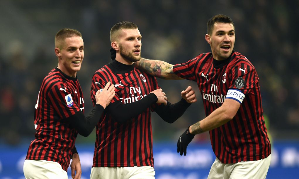 Ante Rebic Milan Andrea Conti Milan Alessio Romagnoli Milan celebrates after scoring his team s first goal during the Italian Serie A match between Inter 4-2 Milan at Giuseppe Meazza Stadium on February 09 , 2020 in Milano, Italy. Noxthirdxpartyxsales 122035795