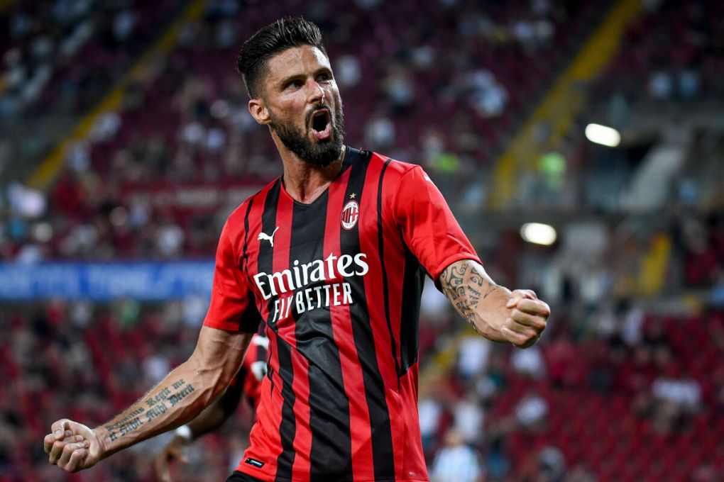 Olivier Giroud Milan celebrates after scoring a goal during AC Milan vs Panathinaikos FC, friendly football match in Trieste, Italy, August 14 2021 PUBLICATIONxINxGERxSUIxAUTxONLY Copyright: xEttorexGriffonix/xIPAx/xx 0