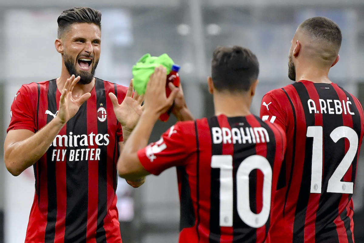 Olivier Giroud , Brahim Diaz and Ante Rebic of AC Milan