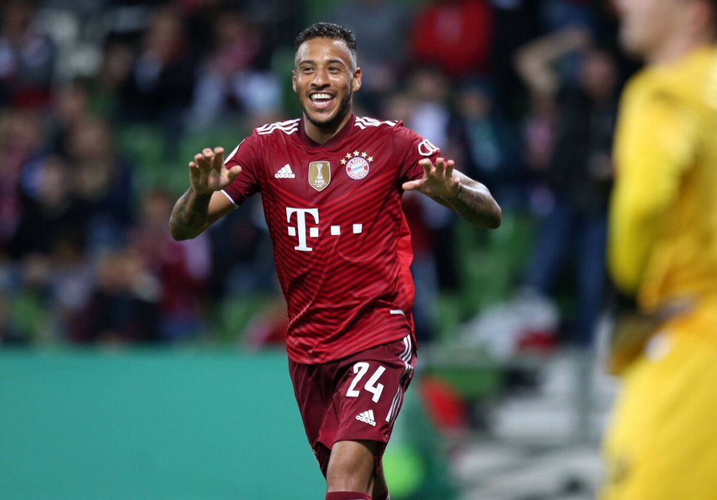 25.08.2021, Fussball DFB Pokal 2021/2022, 1. Runde, Bremer SV - FC Bayern München, im Weserstadion Bremen. Corentin Tolisso FC Bayern München Torjubel. ***DFL and DFB regulations prohibit any use of photographs as image sequences and/or quasi-video.*** *** 25 08 2021, Football DFB Pokal 2021 2022, 1 round, Bremer SV FC Bayern München, at Weserstadion Bremen Corentin Tolisso FC Bayern München goal celebration DFL and DFB regulations prohibit any use of photographs as image sequences and or quasi video