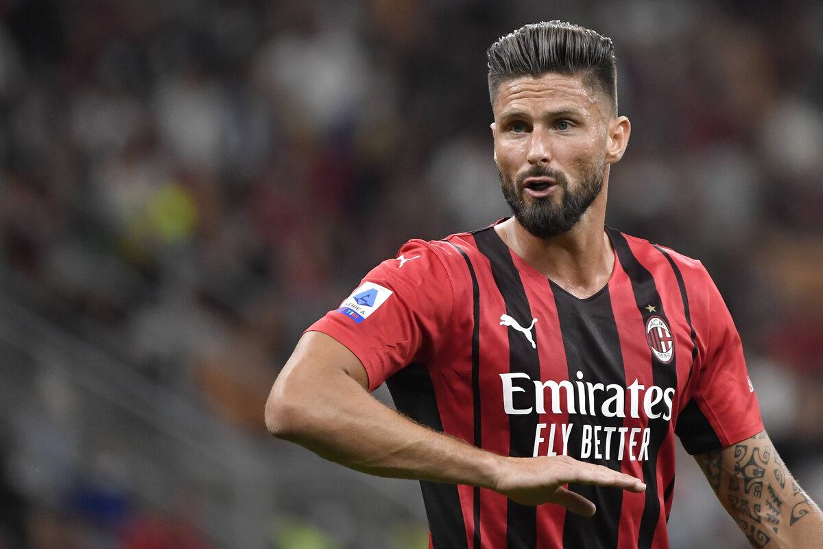 Olivier Giroud of AC Milan reacts during the Serie A 2021/2022 football match between AC Milan and Cagliari Calcio at Giuseppe Meazza stadium in Milano Italy, August 29th, 2021. Photo Andrea Staccioli / Insidefoto andreaxstaccioli