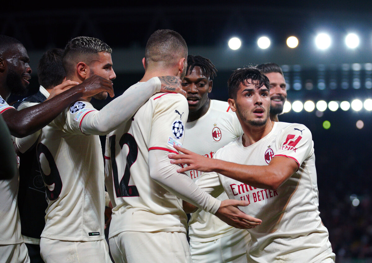 Liverpool v AC Milan - UEFA Champions League - Group B - Anfield AC Milan s Brahim Diaz celebrates scoring their side s second goal of the game during the UEFA Champions League, Group B match at Anfield, Liverpool. Picture date: Wednesday September 15, 2021. Use subject to restrictions. Editorial use only, no commercial use without prior consent from rights holder. PUBLICATIONxINxGERxSUIxAUTxONLY Copyright: xPeterxByrnex 62445723