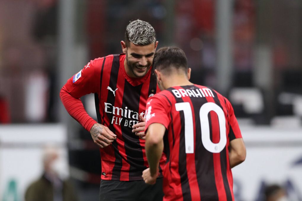 Milan, Italy, 22nd September 2021. Brahim Diaz of AC Milan celebrates with team mate Theo Hernandez after scoring to give the side a 1-0 lead during the Serie A match at Giuseppe Meazza, Milan. Picture credit should read: Jonathan Moscrop / Sportimage PUBLICATIONxNOTxINxUK SPI-1185-0013