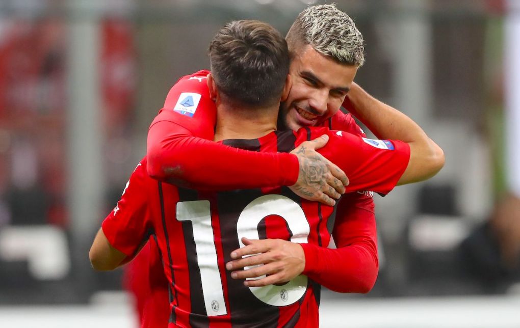 Brahim Diaz of AC Milan celebrates with his team-mate Theo Hernandez