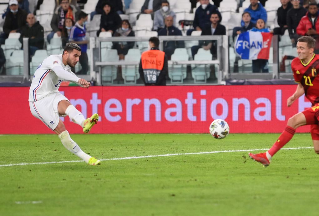 TURIN, ITALY - OCTOBER 07: Theo Hernandez of France scores their side's third goal during the UEFA Nations League 2021 Semi-final match between Belgium and France at Juventus Stadium on October 07, 2021 in Turin, Italy. (Photo by Laurence Griffiths/Getty Images)