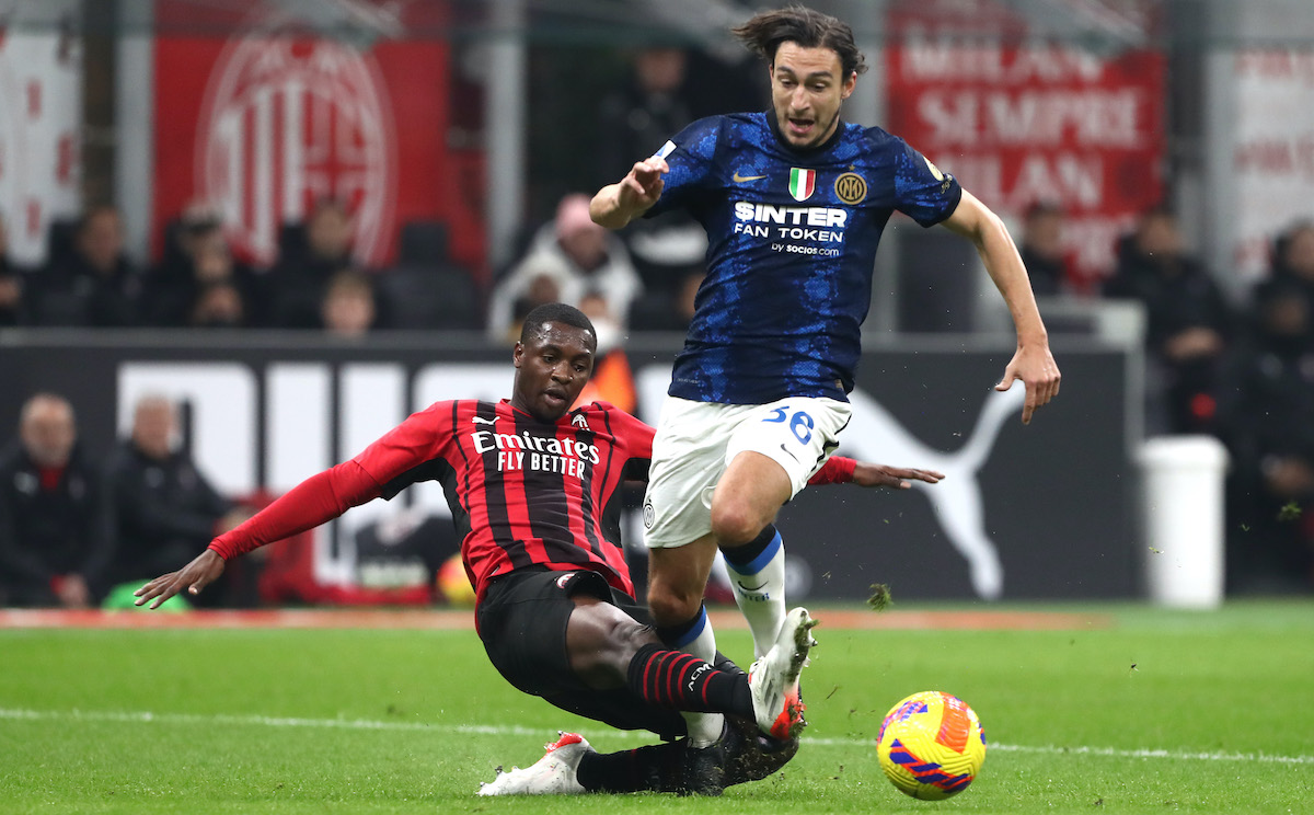 Matteo Darmian of FC Internazionale is fouled by Fode Ballo-Toure of AC Milan