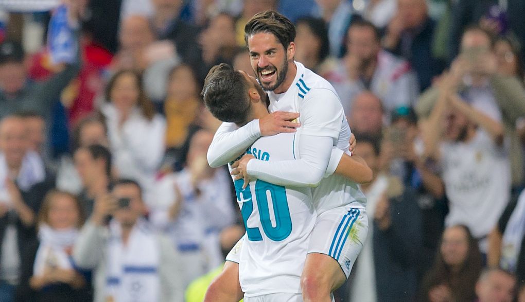 Marco Asensio of Real Madrid CF celebrates with Isco