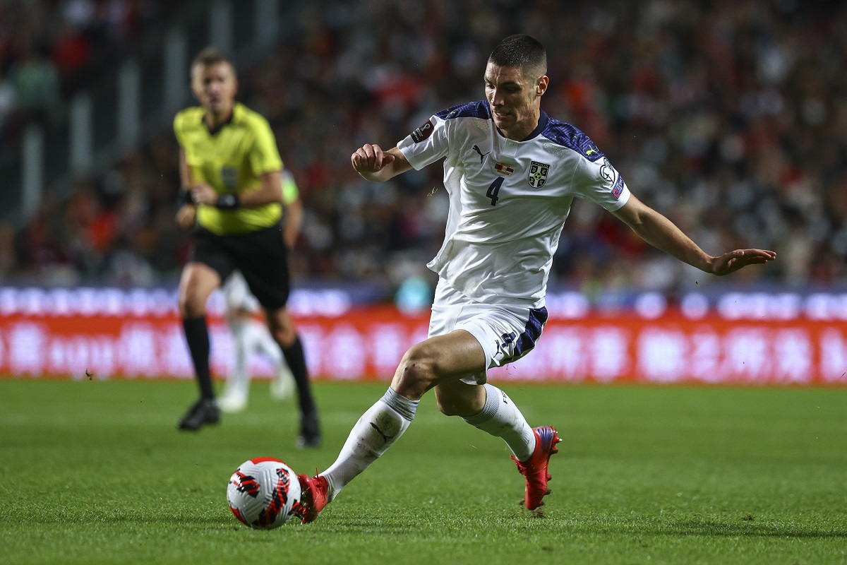 LISBON, PORTUGAL - NOVEMBER 14: Nikola Milenkovic of Serbia during the 2022 FIFA World Cup Qualifier match between Portugal and Serbia at Estadio Jose Alvalade on November 14, 2021 in Lisbon, Lisboa. (Photo by Carlos Rodrigues/Getty Images)