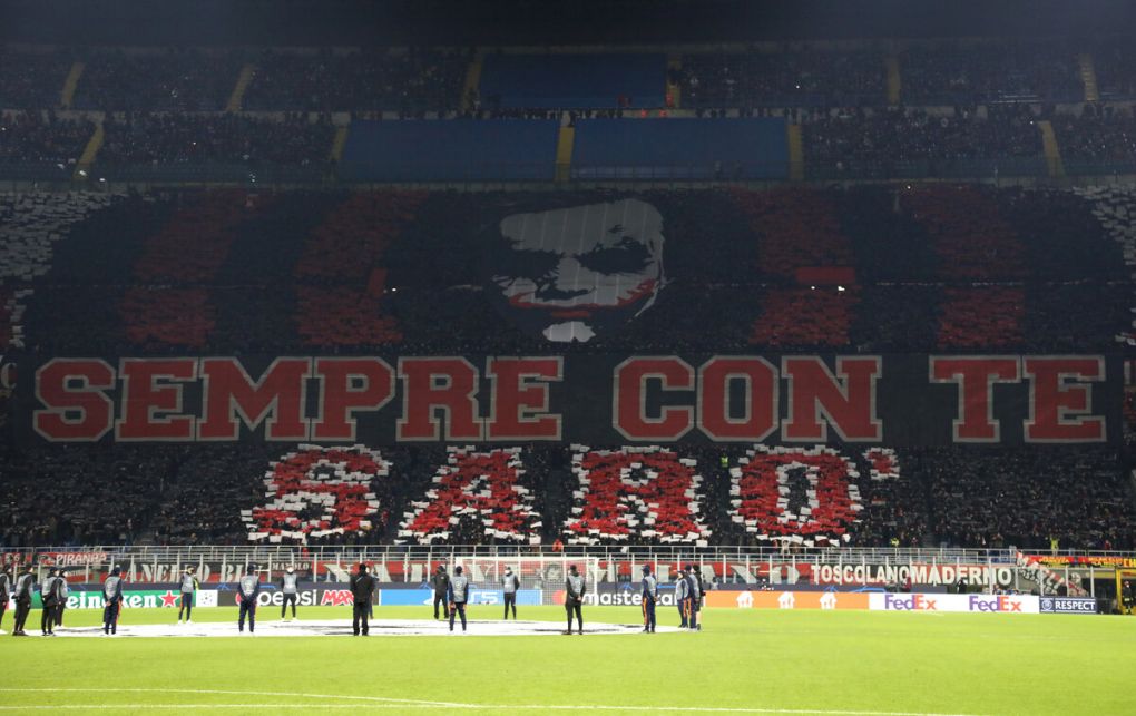 MILAN, ITALY - DECEMBER 07: A general view inside the stadium as the fans of AC Milan show their support prior to the UEFA Champions League group B match between AC Milan and Liverpool FC at Giuseppe Meazza Stadium on December 07, 2021 in Milan, Italy. (Photo by Marco Luzzani/Getty Images)
