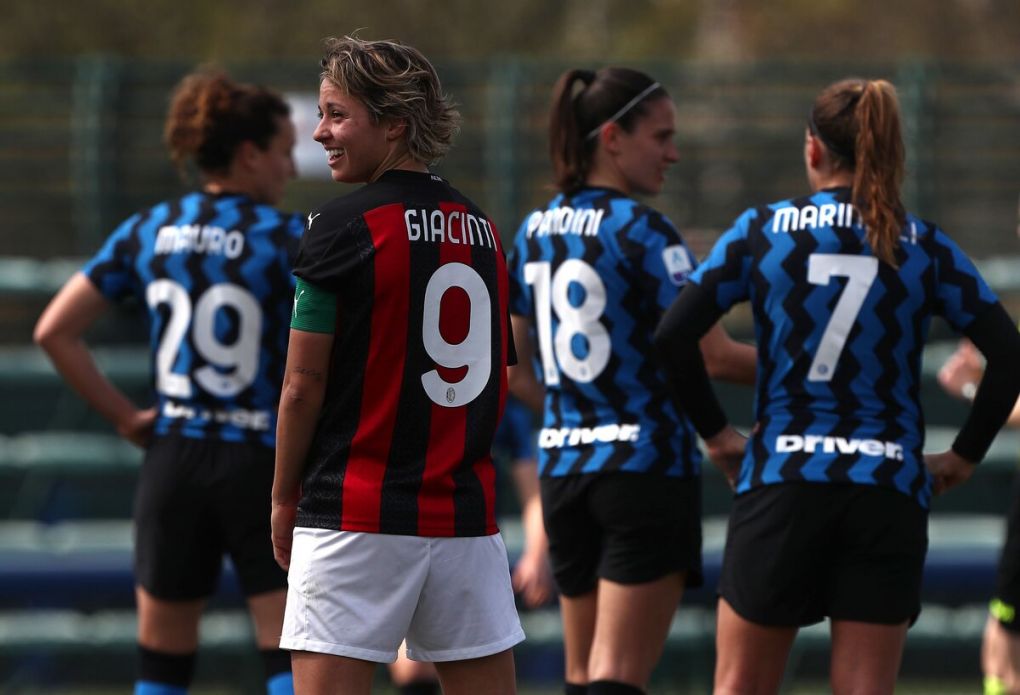 MILAN, ITALY - MARCH 28: Valentina Giacinti of AC Milan looks on during the Women Serie A match between FC Internazionale and AC Milan at Suning Youth Development Centre in memory of Giacinto Facchetti on March 28, 2021 in Milan, Italy. (Photo by Marco Luzzani/Getty Images)