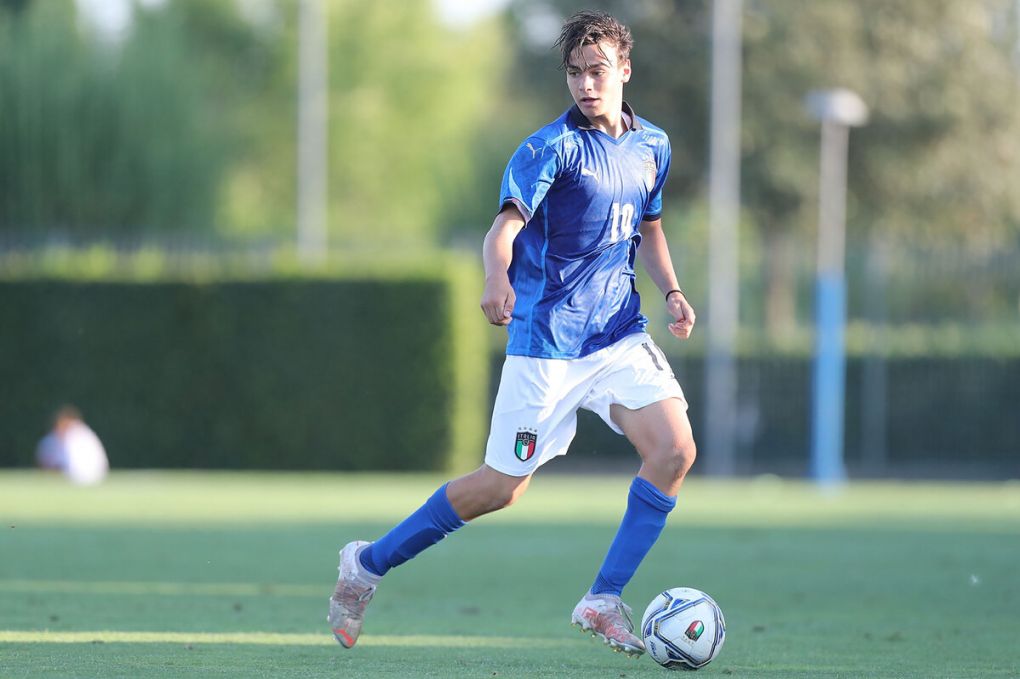 FLORENCE, ITALY - AUGUST 12: Antonio Gala of Italy U18 in action between match Italy U18 and Albania U18 at Centro Tecnico Federale di Coverciano on August 12, 2021 in Florence, Italy. (Photo by Gabriele Maltinti/Getty Images)