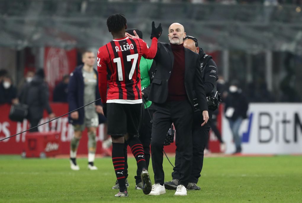 Rafael Leao of AC Milan celebrates winning the match with Stefano Pioli, Head Coach of AC Milan