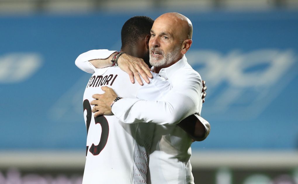 Stefano Pioli, Head Coach of A.C. Milan embraces Fikayo Tomori of A.C. Milan