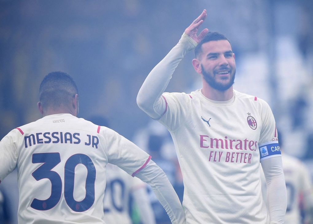 AC Milan's French defender Theo Hernandez celebrates after scoring his second goal during the Serie A football match beetween Venezia and AC Milan at the Pier Luigi Penso stadium in Venice on January 9, 2022. (Photo by Marco BERTORELLO / AFP) (Photo by MARCO BERTORELLO/AFP via Getty Images)