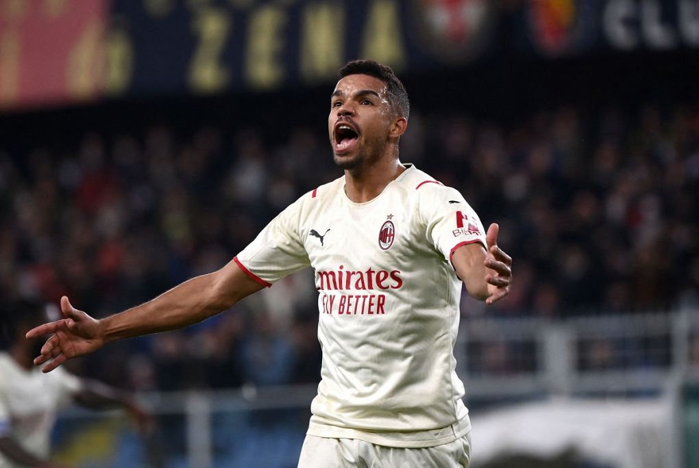 AC Milan's Brazilian midfielder Junior Messias celebrates after scoring during the Italian Serie A football match between Genoa and AC Milan on December 01, 2021 at the Luigi-Ferraris stadium in Genoa. (Photo by Marco BERTORELLO / AFP) (Photo by MARCO BERTORELLO/AFP via Getty Images)