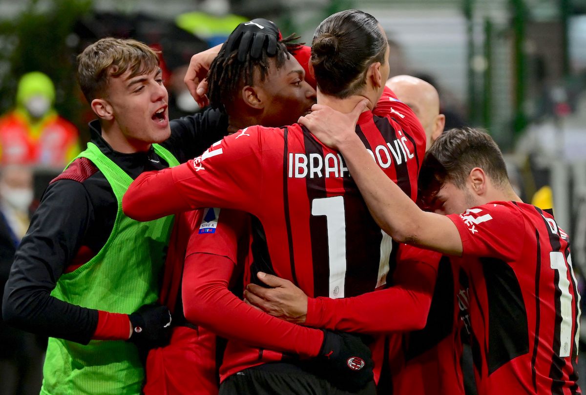 AC Milan's Portuguese forward Rafael Leao (2nd L) celebrates with AC Milan's Swedish forward Zlatan Ibrahimovic